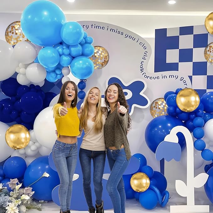 MEBAY Navy Blue White Gold Balloon Garland Arch Kit, 147PCS Royal Dark Pastel Blue White Gold Balloons with Confetti for Birthday Party Baby Shower Wedding Graduation Decorations