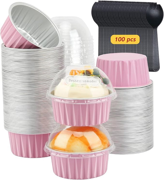 5oz Cupcake Pans with Dome Lids 100 Pack,LNYZQUS Aluminum Foil Small Cake Baking Tin,Disposable Ramekins Cupcake Baking Cups Containers,Mini Pie Pans Muffin Tins Jumbo Cupcake Liners-Pink