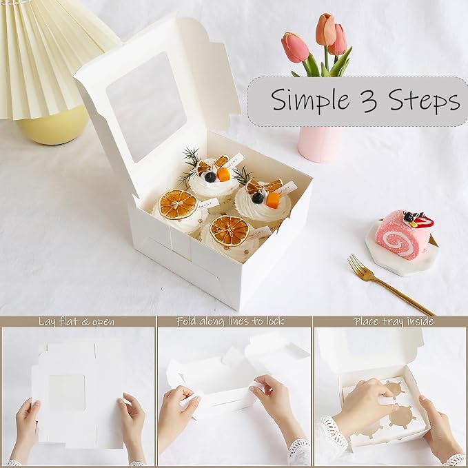 HUFElI 3.5 Inch Extra Tall Cupcake Boxes 4 Count with Window, Bakery Boxes, Food Grade Muffin Container，Treat Boxes for Cookies，Candies，Mini Cakes & Baked Goods - 6.3x6.3x3.5 inch, 20 Pack