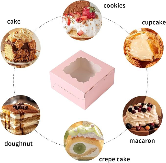 100 pcs 6x6x3 Inches Small Cake Box with Window, Bakery Pastry Cookie Boxes, Mini Pie container for Pastry,Dessert,Strawberries,Chocolates, Cupcakes with paper stickers (pink)