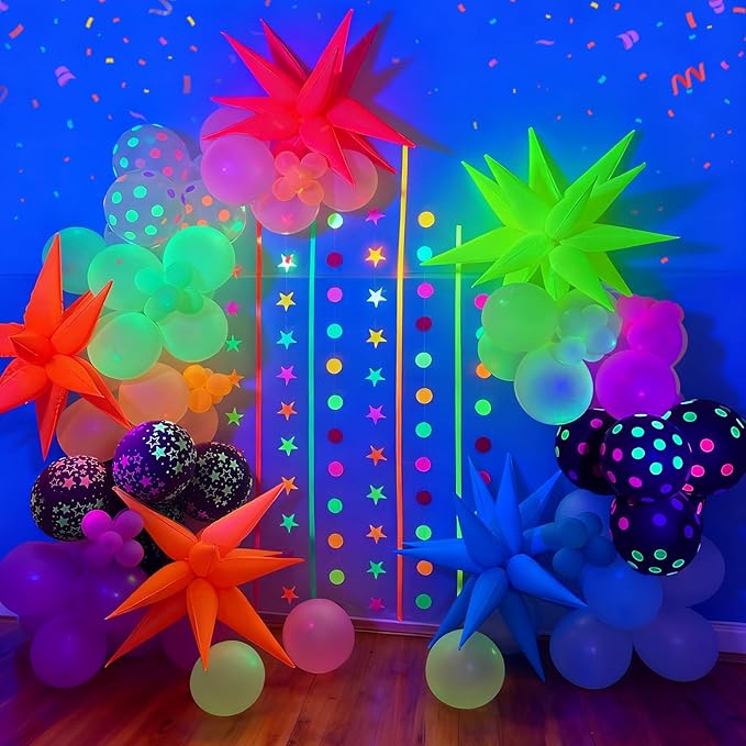 UV Neon Balloons, Glow in the Dark Party Supplies Neon Foil Explosion Star Balloon Kit Cone Balloons Glow in the Dark Birthday Decorations for Blacklight Party Decoration