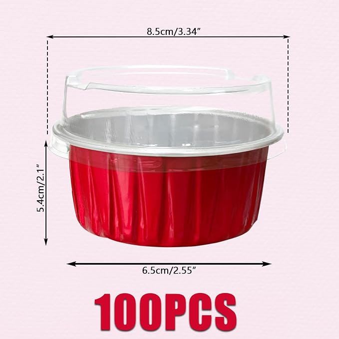 100Pcs Aluminum Cups with Lids,5oz Disposable Ramekin Baking Cups Muffin Liners Mini Pie Pans Foil Cupcake Containers for Christmas Party Wedding Party,Red