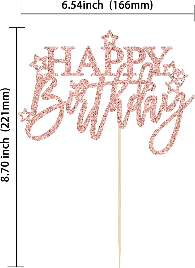 Gyufise 1Pcs Happy Birthday Cake Topper Glitter Cake Pick for Celebrating Anniversary Theme Party Cake Decorations Supplies Light Rose Gold