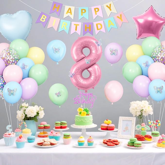 Pastel 8th Birthday Decorations for Girl,Macaron Rainbow 8th Party Decoration Colorful Balloons Banner Star Heart Number 8 Foil Balloon Cake Topper Butterfly Party Decorations 8 Year Old Decor