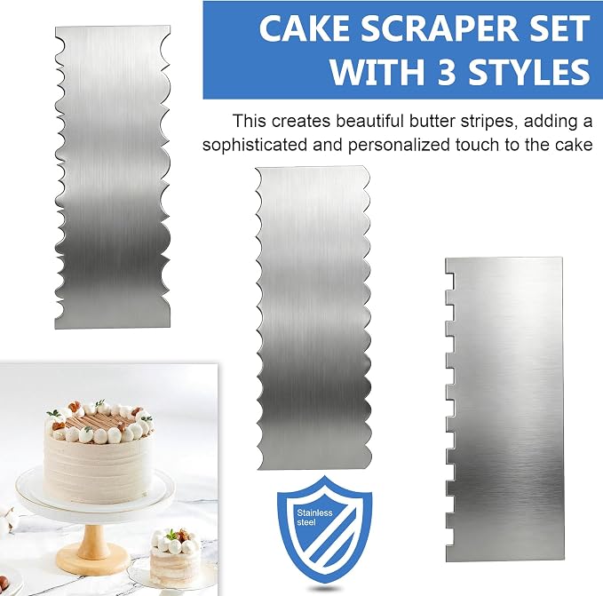 Philbinden 3 Pack Stainless Steel Cake Decorating Scraper Set,8.6-inch Double Sided Patterned Edge Stripe Edge Smoother Scraper for Buttercream, Frosting, Mousse, and Baking Projects