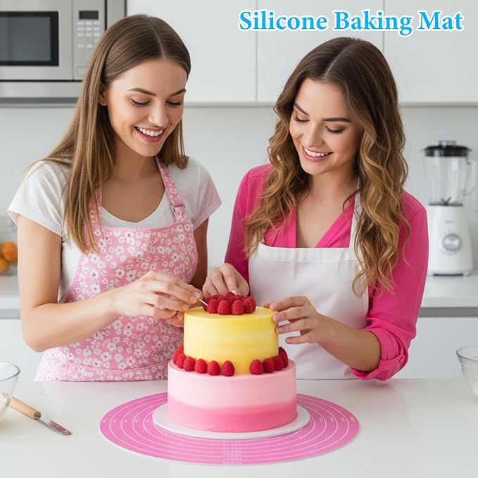 Qianyu 3Pcs Round Cake Turntable Mat Silicone Baking Mat with Measurements Reusable Silicone Baking Mats Non Stick Heat Resistant Pastry Bake Sheet for Pizza Pan Rolling Dough Pastry