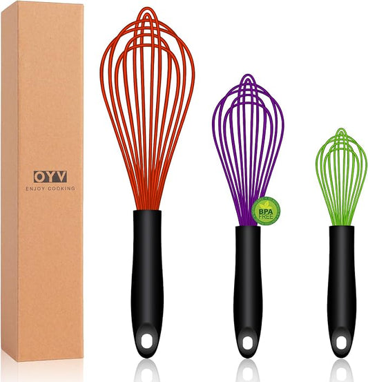 OYV Dishwasher Safe Multicolor Silicone Whisk, Sealed Waterproof Design Set of 3, Professional Kitchen Whisks for Cooking Non-Scratch, Silicone & Stainless Steel Whisk, Heat Resistant Egg Beater