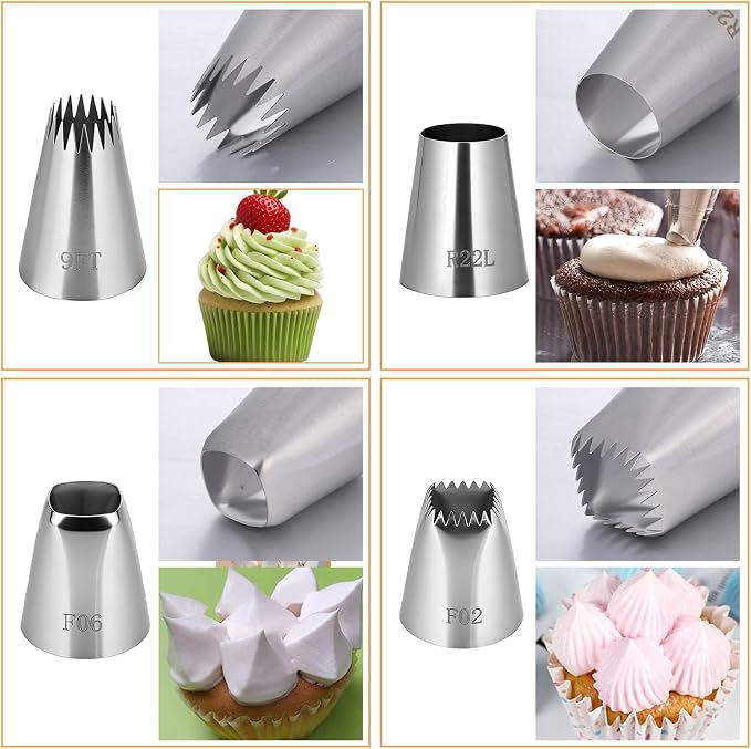 5 PCS Large Piping Tips Set, Stainless Steel Frosting Tip with Reusable Pastry Bag Silver Pastry Cake Decorating Tip Cake Decorating Set Frosting Icing Tips for Jumbo Eclair Churro Meringue