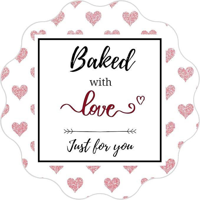 Mobiusea Creation Baked with Love Stickers Roll | Scalloped Cut | Waterproof | 2 inch | 300 Labels for Cookie Cupcake Stickers Homemade Bakery Bread Bags Labels Baked Goods Packaging