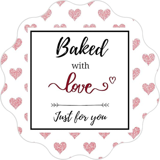 Mobiusea Creation Baked with Love Stickers Roll | Scalloped Cut | Waterproof | 2 inch | 300 Labels for Cookie Cupcake Stickers Homemade Bakery Bread Bags Labels Baked Goods Packaging