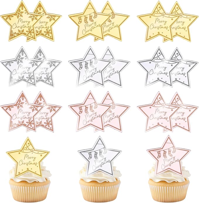 Wootkey 36 PCS Christmas Cupcake Toppers Acrylic Mirror Star Little Star Cake Decorations for New Year Christmas Party Supplies