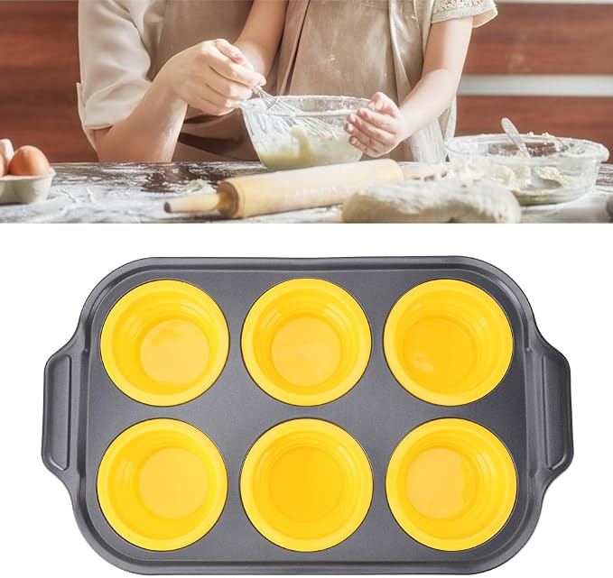 Zerodis Silicone Muffin Pan, Foldable Cupcake Baking Tray Non Stick Cake Maker Tray for Bread Tart Desserts Doughnut (Yellow)