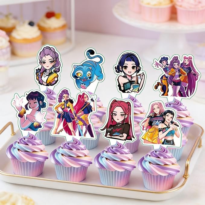 25 Pcs Demon Movie Hunters Cake Decorations, Include 1 Happy Birthday Cake Toppers, 24 cupcake Topper for Demon Movie Hunters Birthday Decorations