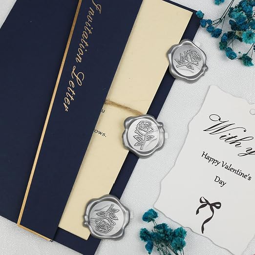 50 Pcs Silvery Wax Seal Stickers - Rose Style, Self Adhesive Wax Seal for Wedding Invitation, Easy Use Good Adhesion, Silvery Rose Envelope Stickers Perfect for Invitation or Seating Chart