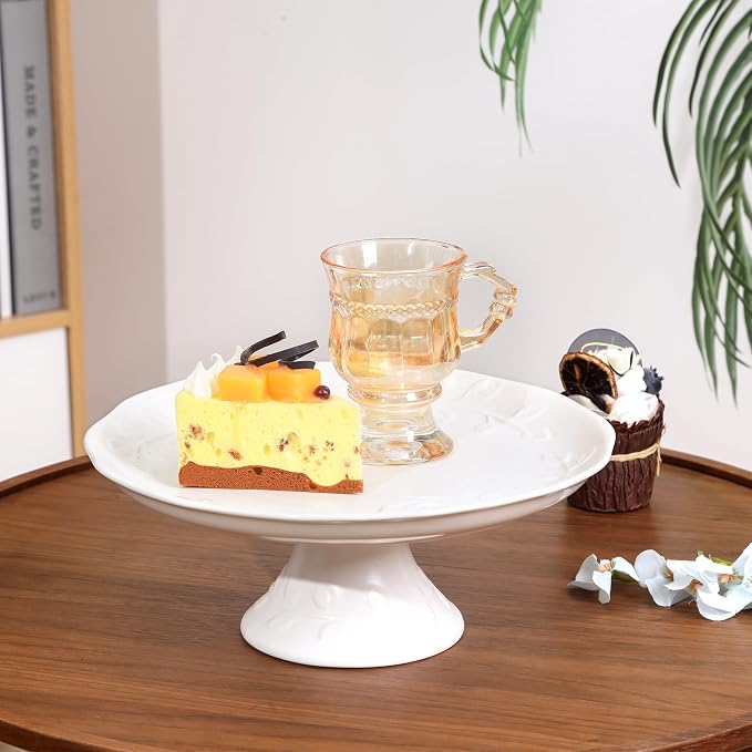 Wedding Cake Stand , 10 inch White Cake Stand Round Porcelain Embossed cake plate, Elegant Cupcake Stand for Dessert Table Display For Party,Baby Shower,Christmas, Home Decorating