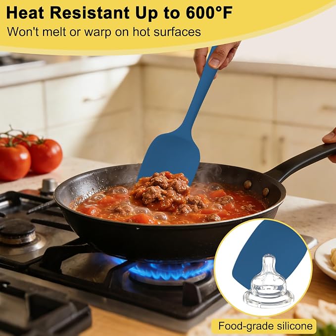 Silicone Spatula Set, 11.4 in, 600°F Heat Resistant (Blue) | Food Grade Rubber, BPA Free, Stainless Steel Core, Flexible for Cooking, Baking, Mixing, Seamless, Nonstick & Dishwasher Safe