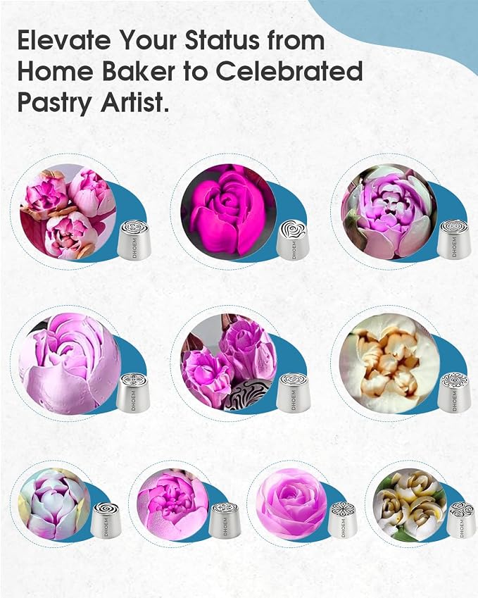 60Pcs Extra Large Russian Piping Tips Set,10 Flower Nozzles Baking, Stainless Steel Rose Floral Piping Nozzles, Nozzle for Cake Decorating for Buttercream Flowers, Cake Decorating Supplies for Wedding