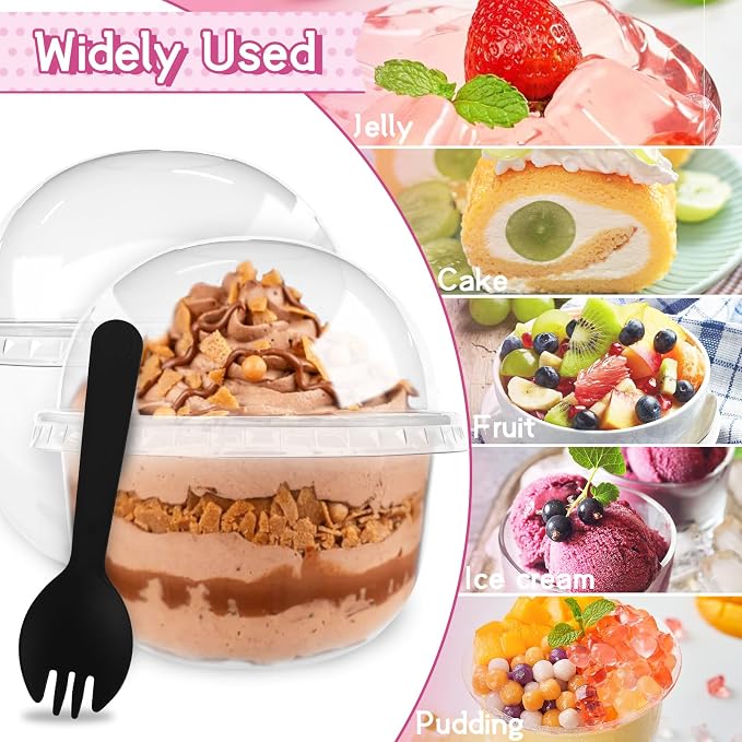 100 PCS 9 OZ Clear Dessert Cups with Dome Lids,Disposable Parfait Cups,No Hole Ice Cream Cups with Sporks for Dips and Veggies,Cupcake,Parfait,Pudding,Iced Cold Drinks,Snacks,Fruits,Bakeries,Ice Cream