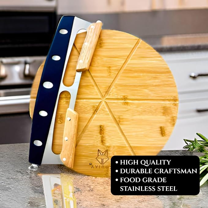 14” Dual-Grip Pizza Cutter Pizza Board | Gift Pizza Set, Best Pizza Cutter Rocker Blade, Bamboo Pizza Cutting Board, Pizza Slicer, Pizza Serving Board, Pizza Rocker Knife For Cutting Pizza Piza