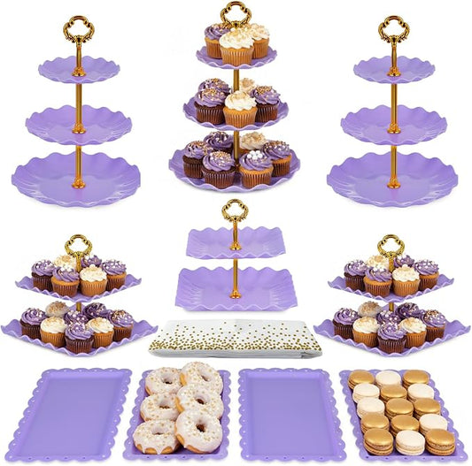 Pack of 11 NWK Cake Stand Set, with 3 x Two-Tier and 3 x Three-Tier Cupcake Stands, 4 x Appetizer Trays, 1 x Tablecloth for Birthday Bridal Baby Shower Party (Purple)
