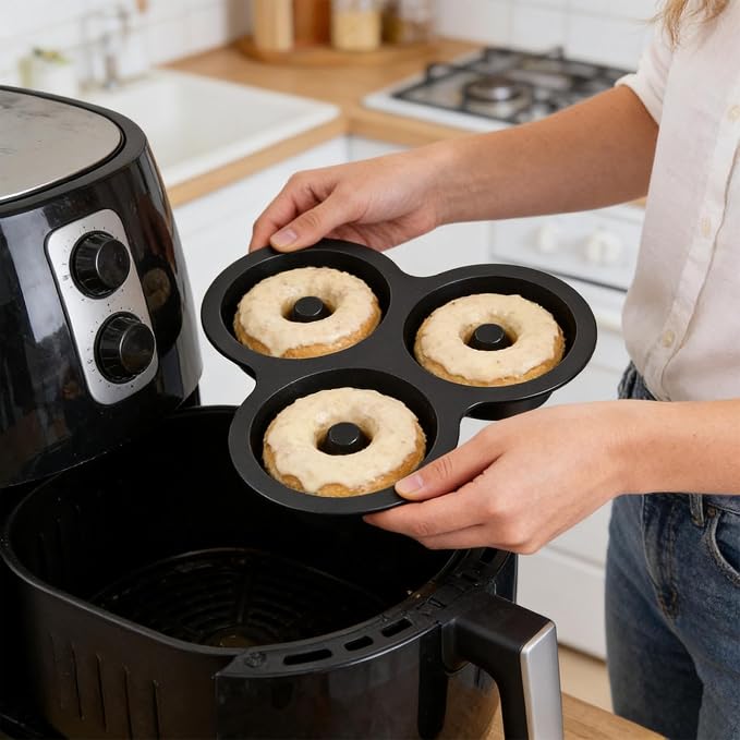 Donut Pan - Heat Resistant Silicone Tray, 12-Cavity Reusable Donut Molds for Air Fryer with Non-Stick for Cake, Cookie, Snack Cooking, Breakfast Prep, Kitchen, Party, Holiday, Birthday, Bakers