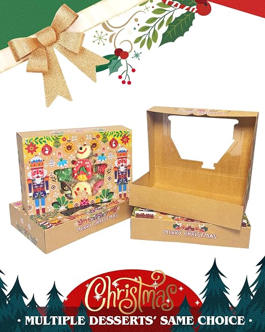 qiqee Christmas Bell version Cookie Boxes with Window 12packs 12x8x2.5 Inch Bakery Box Pastry Box for Christmas