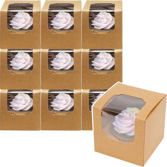 qiqee 60-Packs Cupcake Boxes Auto-pop up Individual Cupcake Container Brown Kraft 3.5" x 3.5" x 3.5" Single Cupcake Boxes