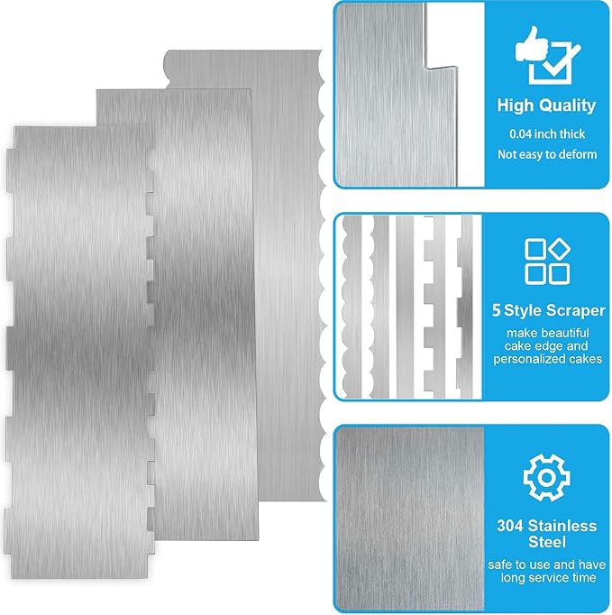 3 Pieces 8.7 Inche Stainless Steel Cake Scraper，Double Sided Patterned Edge Stripe Edge Smoother Scraper Cake Decorating，Cake Decorating Comb Cake Scraper (3, 3)