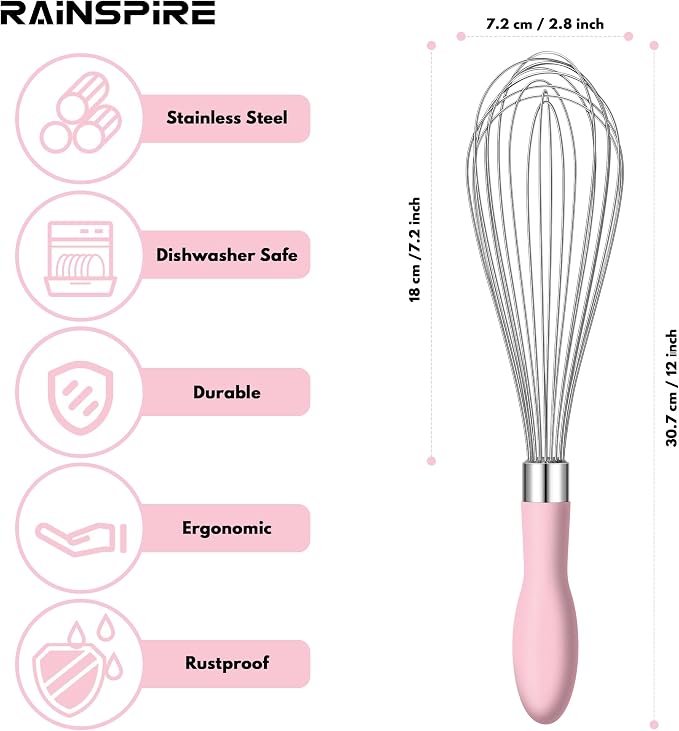 Rainspire 12-Inch Wire Whisk Stainless Steel, Balloon Whisks for Cooking, Wisk Wisking Tool With Soft Silicone Handle, Thick Durable Whisker for Blending, Beating, Whisking, Stirring, Pink