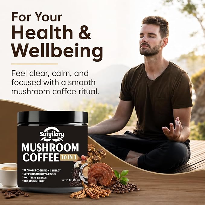 Suiyilary Mushroom Coffee, 10 Mushroom Extract Powder Blend Lion's Mane, Reishi, Chaga, Cordyceps, Turkey Tail, Brain Supplements with Instant Coffee for Energy, Focus, Memory and Immunity 150g