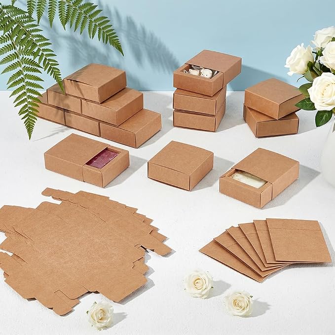 BENECREAT 20 Pack Brown Kraft Paper Drawer Boxes, 3.2x3.2x1.2 Inch Square Kraft Paper Gift Box Cookie Boxes for Wedding Party Gifts, Jewellery Packaging