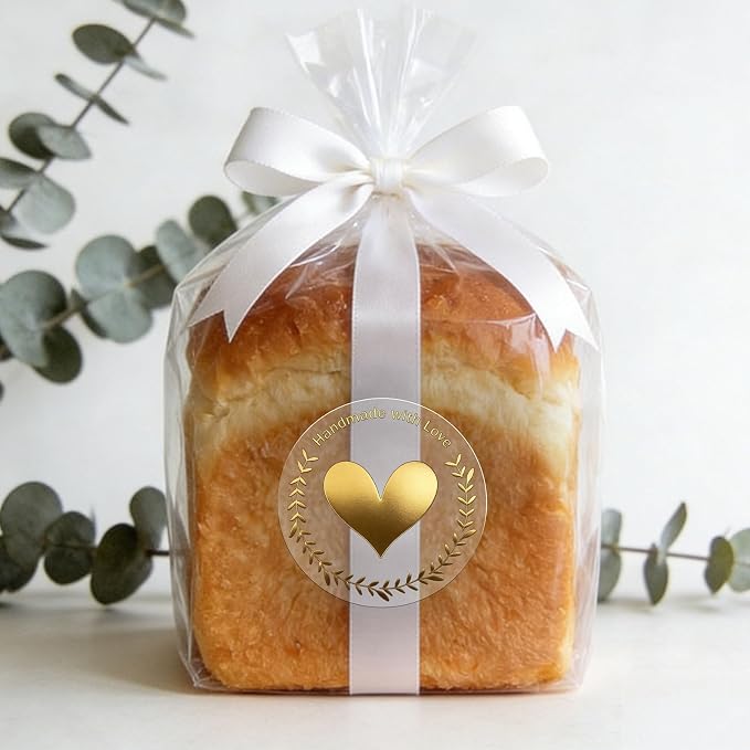 100 PCS Handmade with Love Stickers, Gold Foil Heart Labels for Small Business Packaging, Gift Wrapping, Dessert Table Treat Bags, Candy Bags, Wedding & Party Favor Stickers, 1.6 Inch
