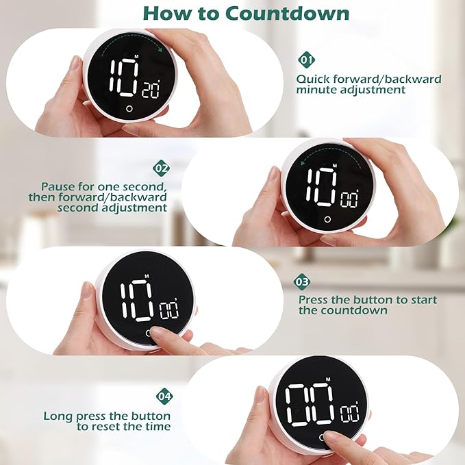 GeeRic Digital Kitchen Timers, 199 Minutes Countdown Countup Rotary Timer, Large LED Stopwatch, Volume Adjustable Kitchen, Study, Workout, and Office Timer White