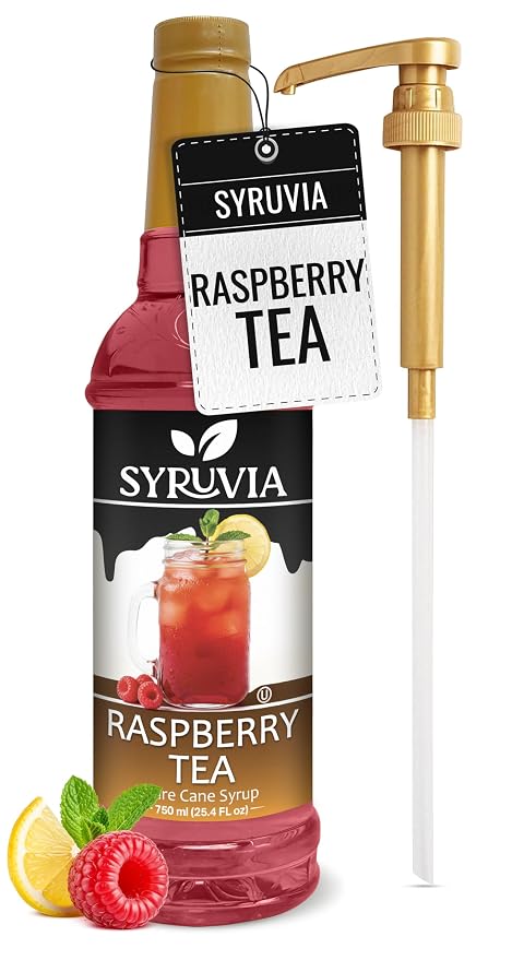 Syruvia Raspberry Tea Syrup, Flavored Syrup for Teas, Drinks, Lemonades, Iced Teas, and Desserts – 25.4 fl oz - with Pump