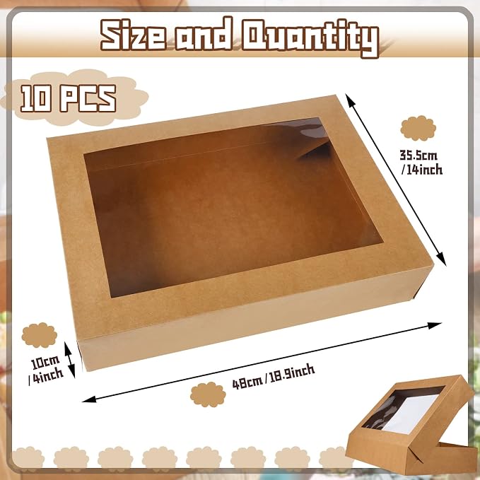 Gersoniel 19x14x4 Inch Half Sheet Cake Boxes Large Rectangle Bakery Boxes with Window Cardboard Treat Packaging Bakery Take out Containers for Pastry Baking Donuts Cupcake Pie(Brown,10 Pack)