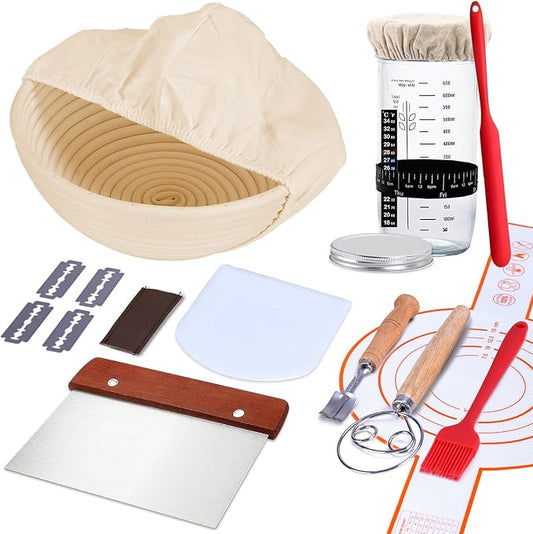 Sourdough Starter Kit with Banneton Bread Proofing Basket, 9” Round Banneton with Liner, 24 oz Starter Jar, Bread Lame, Dough Whisk & Sourdough Baking Supplies