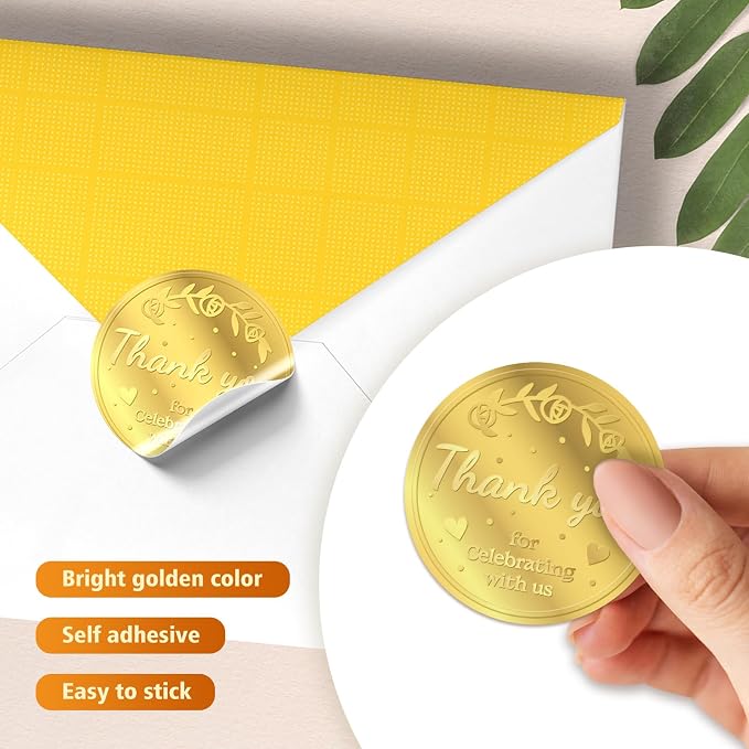 100 x Thank You for Celebrating with us Favor Stickers Labels, Gold Foil Tags Envelope Seals, Wedding Invitation Decor Foil Party Favor Stickers for Sealing Awards Embossing Certificates 1.5 Inch