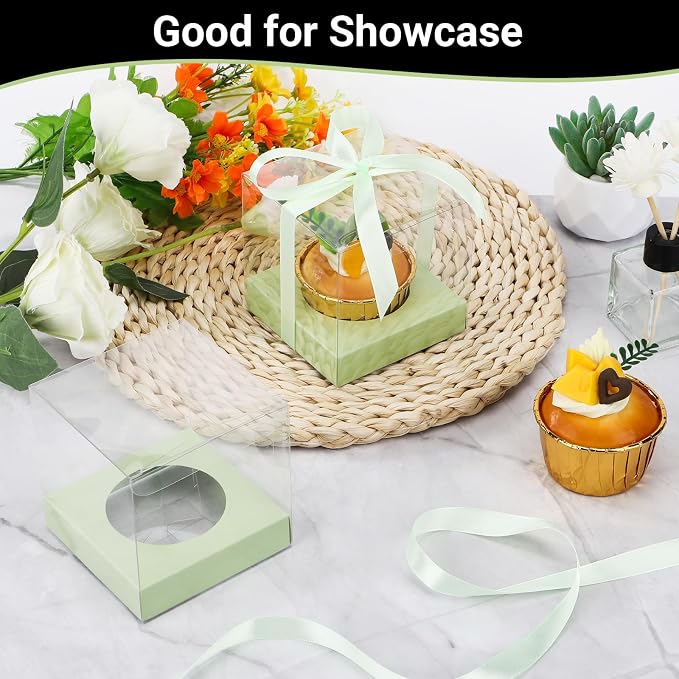 EUSOAR Cupcake Boxes, 12 Pcs 3.5 Inch Dessert Pastry Individual Cupcake Containers Transparent with Ribbon, Clear Muffins Gift Holder Disposable Cake Carrier for Wedding Party Favor Bakery-Light Green