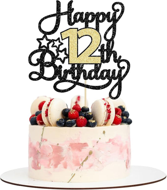 1Pc 12th Happy Birthday Cake Topper Glitter Cheers to 12 Years Cake Pick Happy Birthday Cake Decoration for 12th Anniversary Party Decoration Supplies Black Gold