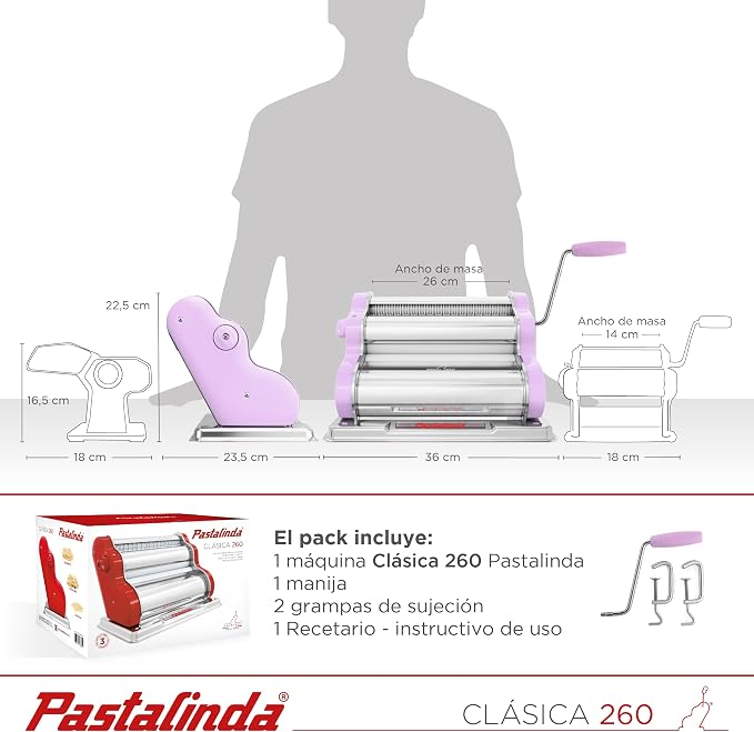 PASTALINDA Classic 260 Pasta Maker Machine, 26 cm Wide Rollers, 9 Thickness Positions, 2 Cutting Positions, Stainless Steel. Includes Reinforced Hand Crank And Two Clamps (Lilac)