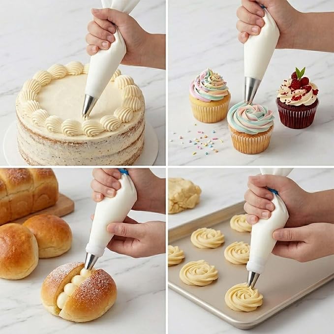 17 Piece Piping Bags and Tips Set, 2 Pack 16 Inch Reusable Cotton Pastry Bags with 7 Medium Icing Tips, 3 Scrapers, Couplers, Ties and Brush for Cakes, Cupcakes and Cookies
