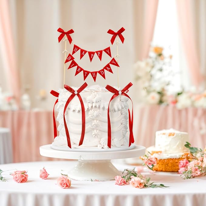Honeydak 11 Pcs Red Bow Ribbon Cake Topper Happy Birthday Cake Bunting Topper with Wood Pole Handmade Pennant Flags with Bows Ribbon for Birthday, Bridal Party Decoration