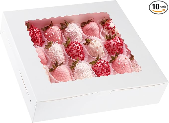 Yeplan 10-Pack Cookie Boxes with Window, 12x12x2.5 Inch Bakery Boxes, White Treat Boxes for Desserts, Donuts, Muffins, Pies, Chocolates - Pastry Packaging for Baked Goods