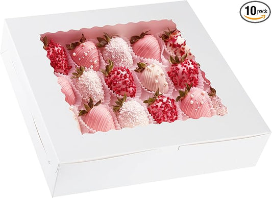 Yeplan 10-Pack Cookie Boxes with Window, 12x12x2.5 Inch Bakery Boxes, White Treat Boxes for Desserts, Donuts, Muffins, Pies, Chocolates - Pastry Packaging for Baked Goods