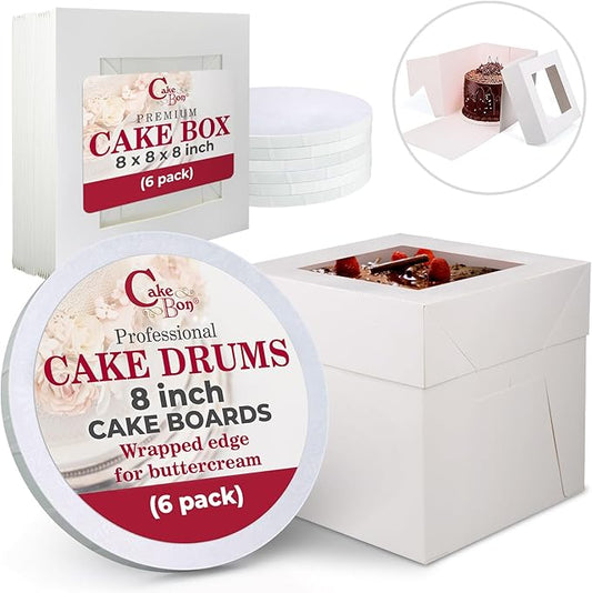 Cakebon Cake Boxes with Drums - 8 Inch Round White Cake Boards/Base para Pasteles (6-Pack) - Caja para Pasteles with Window for Birthdays, Weddings and Parties