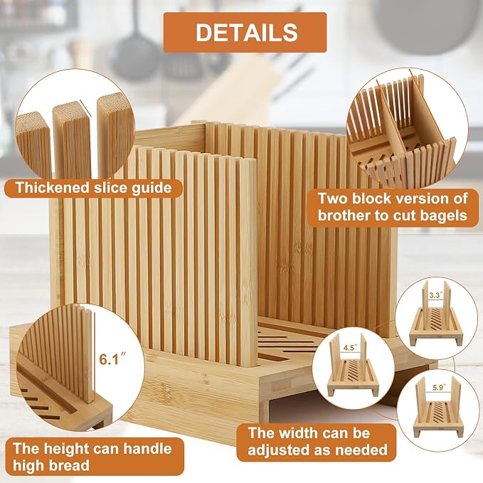 Bamboo Bread Slicer for Homemade Bread, Adjustable Width Bread Slicing Guides with Sturdy Wooden Cutting Board, Compact and Foldable - Makes Cutting Bagels or Even Bread Slices Easy, medium
