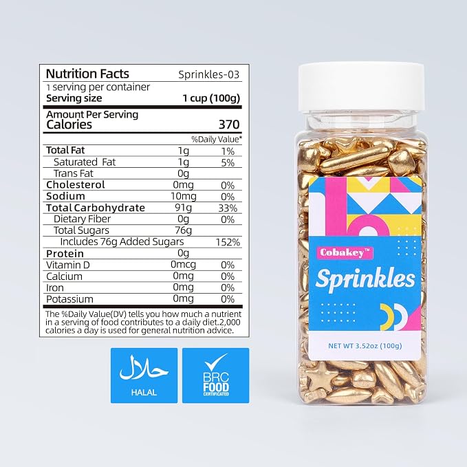 Gold Star Sprinkles for Cake Decorating 3.5 oz Assorted Sugar Cupcake Topper, Cookies, Perfect for Xmas，Wedding, New Year’S Eve Party (Cube, Jumbo Rice, Star, Rods, Triangle Sugar)