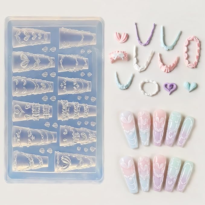 Heart & Lace Nail Art Silicone Mold, 3D Love Chain Nail Charms Mold, Romantic Heart Lace Nail Decoration Mold, Flexible Reusable Silicone Mold for Acrylic Gel Resin Nail Art