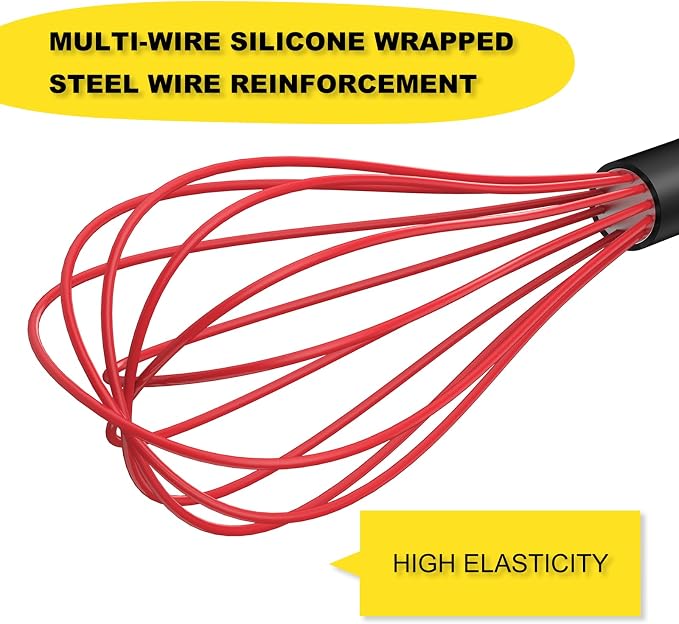 NileHome Silicone Whisk Set 8" 10", 2 Pack Kitchen Whisk Kitchen Wisk Wire Whisks for Cooking, Whisking, Blending, Beating, Stirring-Red