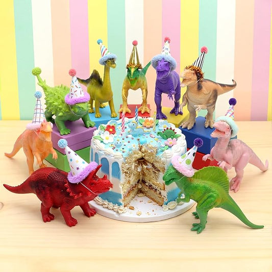 Colingmill 18 Pcs Colorful Dinosaur Birthday Party Decorations Mini Birthday Hat Animal Figure Model Cake Toppers with Mini Hat for Animals Themed Party